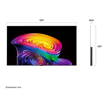 Een LG OLED evo AI C6, weergegeven van de voorkant en van de zijkant, heeft een 48 inch scherm met een breedte van 1071 mm, een totale hoogte van 620 mm en een ultradunne diepte van 46,9 mm zonder standaard.